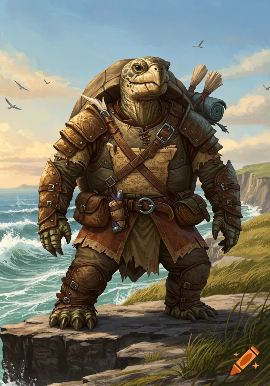 A heavily armored anthropomorphic turtle (tortle) stands on a rocky cliff overlooking a wavy blue ocean under a cloudy sky.
