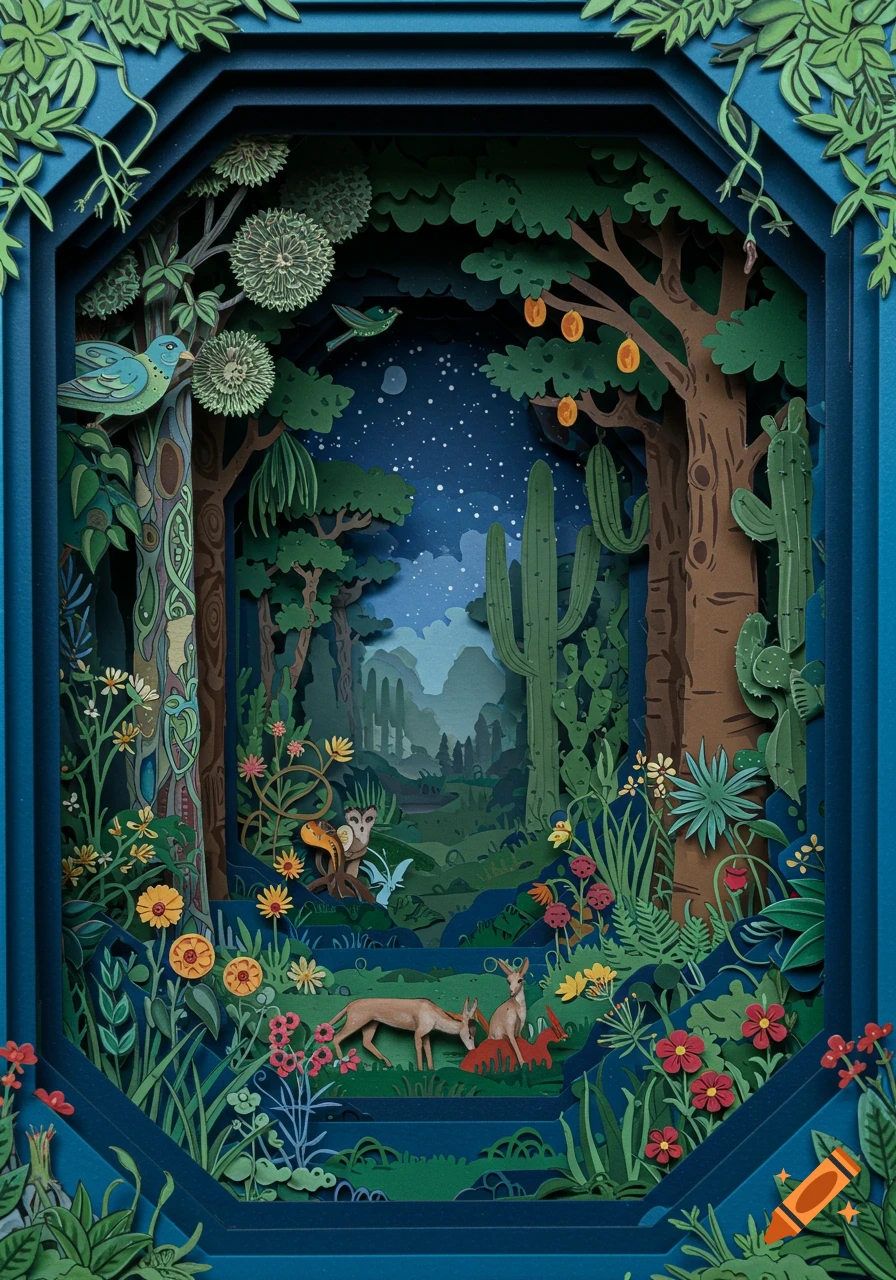 A detailed paper-cut diorama depicting a surreal forest at night, with animals, cacti, trees, and wildflowers, framed by layers of blue paper.
