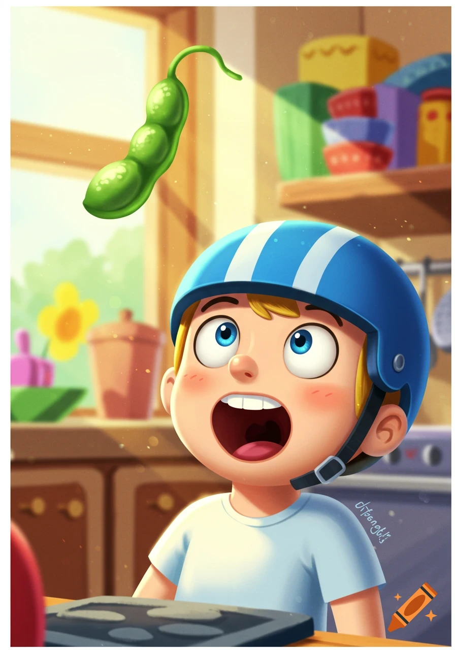 Cartoon illustration of a young boy in a blue helmet looking up at a floating green pea pod in a bright kitchen.