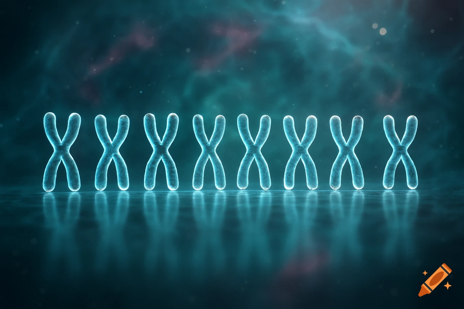 Glowing blue X-shaped chromosomes line up on a reflective surface against a dark, ethereal background.