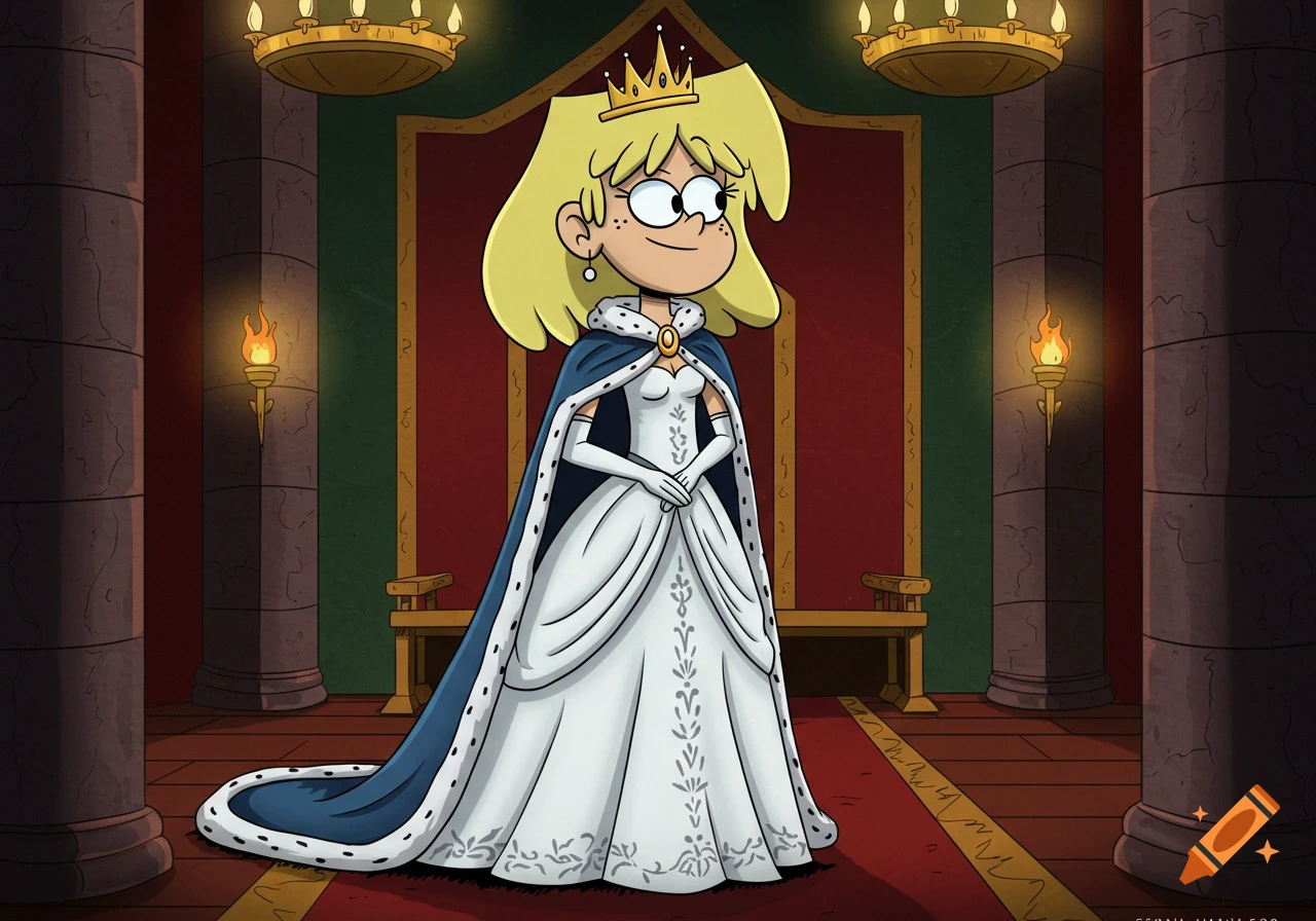 Lori Loud from The Loud House dressed as a queen in a white gown and blue cape, standing in a castle hall. Cartoon style.