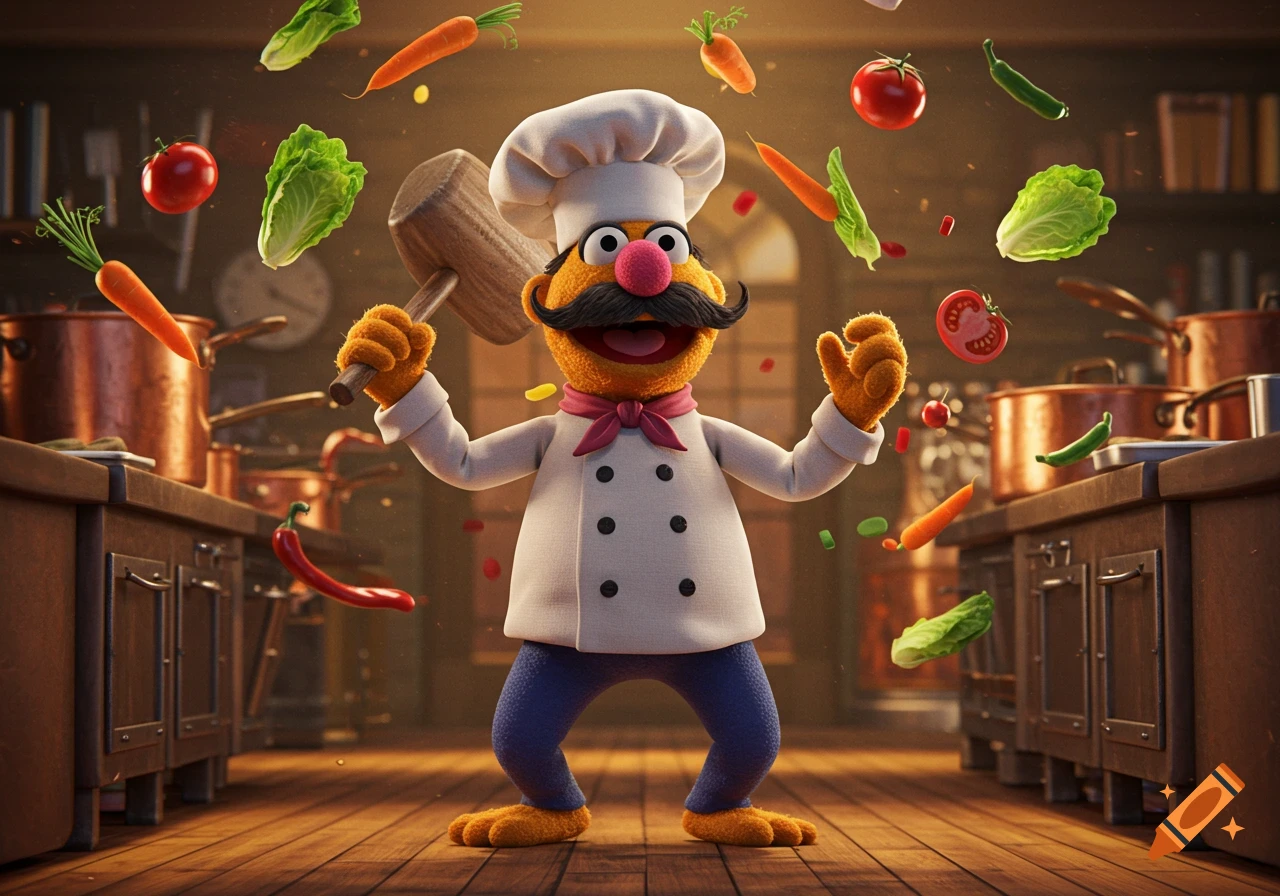 The Swedish Chef muppet wields a wooden mallet in a rustic kitchen with floating vegetables.