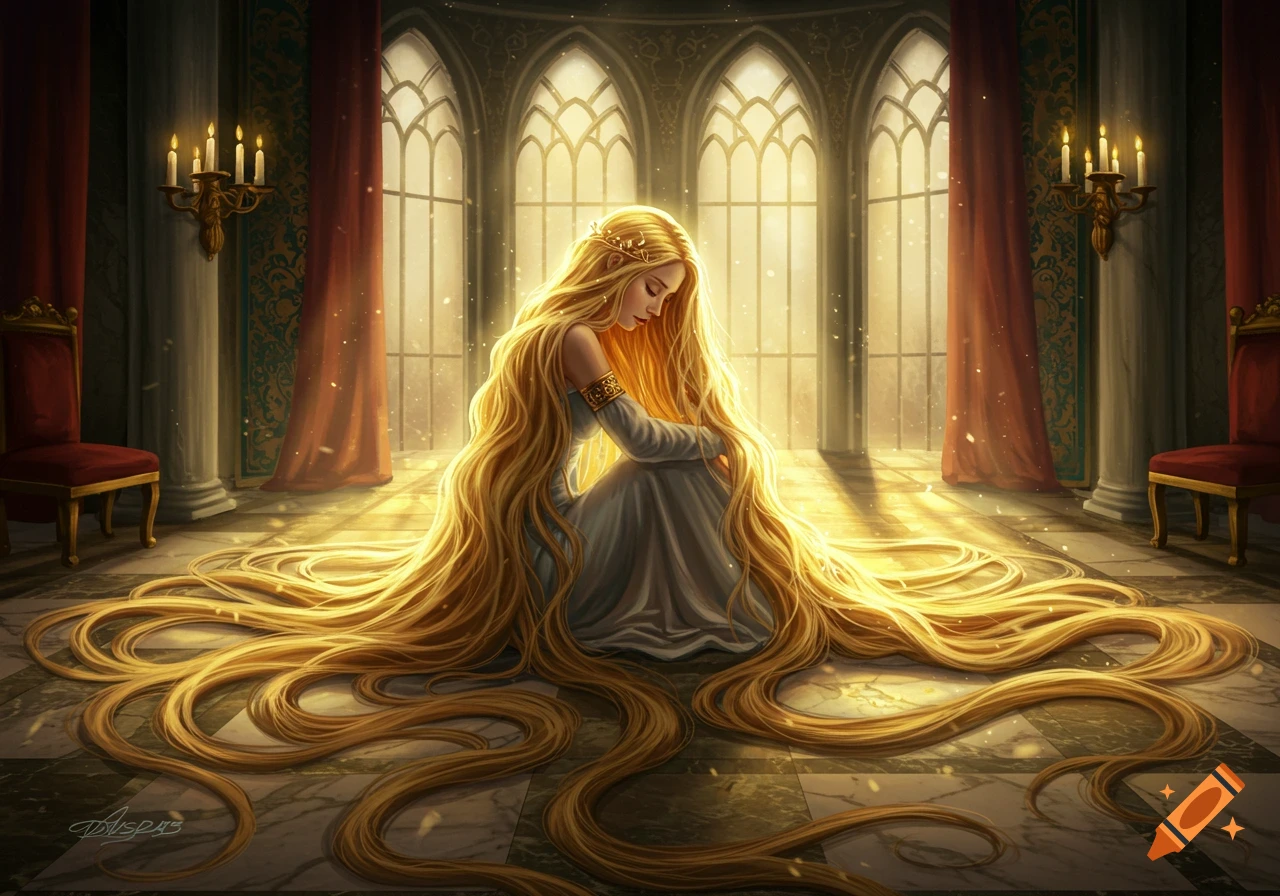 A woman with incredibly long, golden Rapunzel-like hair sits on the floor of a lavish room with arched windows.