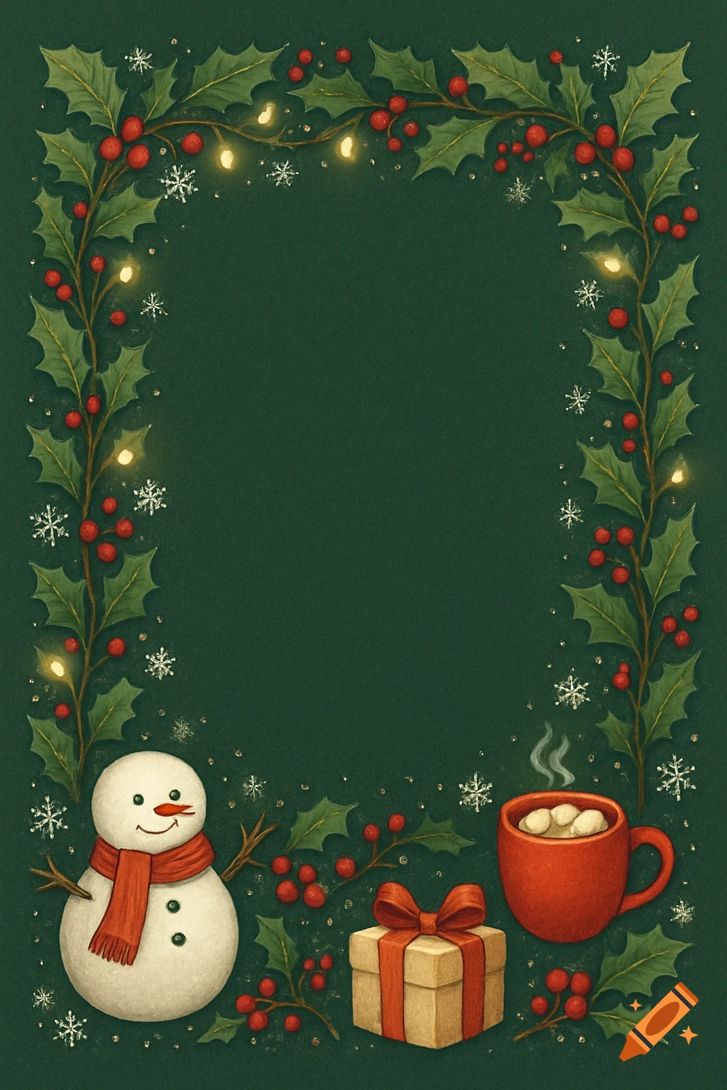 A festive Christmas page border illustration with holly, berries, lights, a snowman, a wrapped gift, and a mug of hot chocolate on a dark green background.