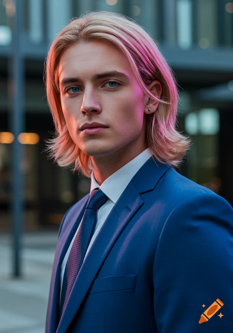 Photorealistic portrait of a young man with blonde hair and blue eyes, wearing a blue suit, with pink and blue lighting.
