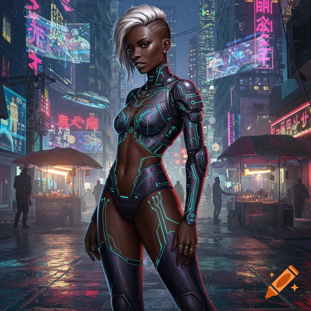 A cybernetically enhanced Black woman with white hair and a half-shaved head stands in a rainy, neon-lit cyberpunk city street.