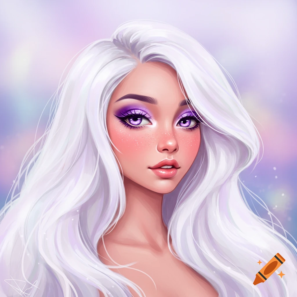 Digital art portrait of a woman with long wavy white hair, purple eyeshadow, and freckles on a pastel background.