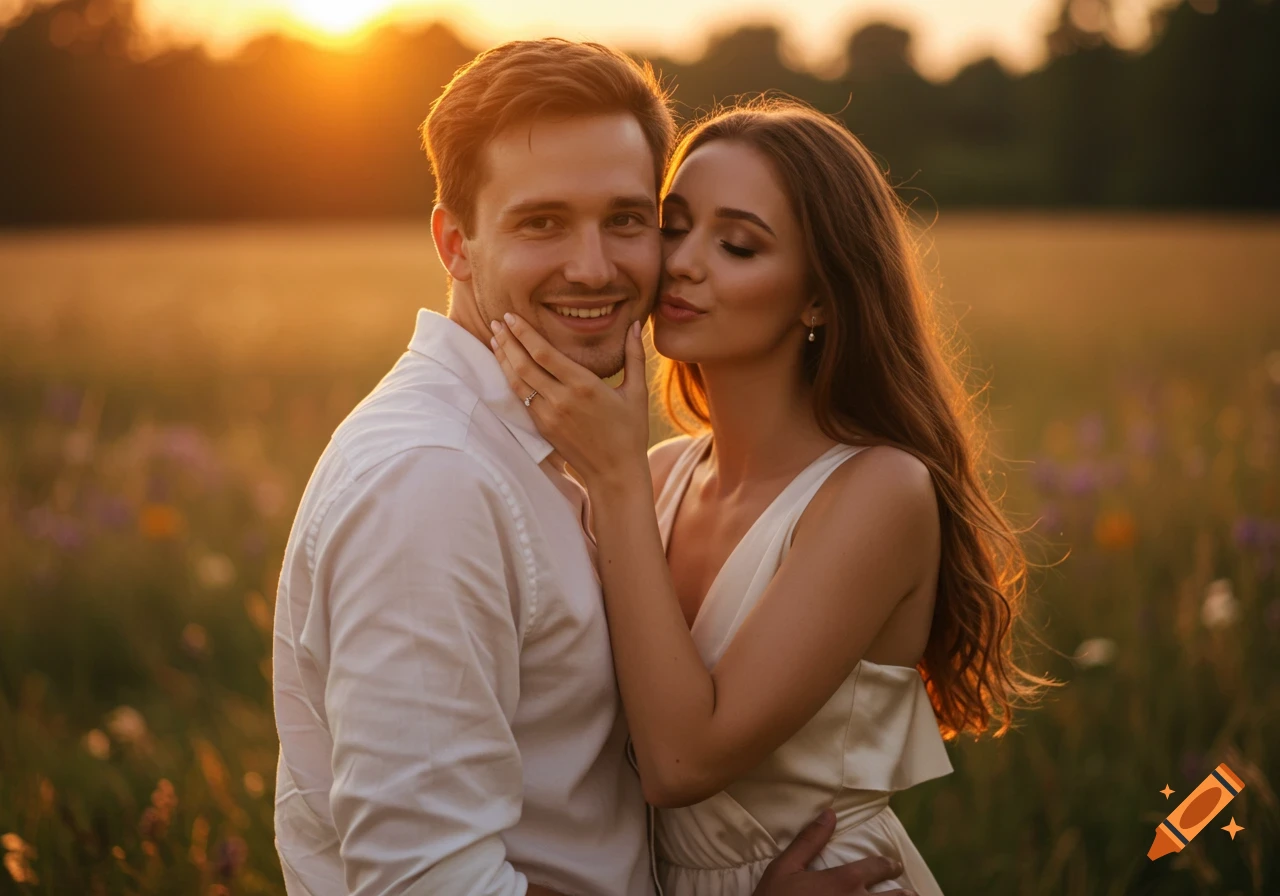 A couple embraces in a golden field at sunset, the woman gently kissing the man's cheek, with warm light behind them.