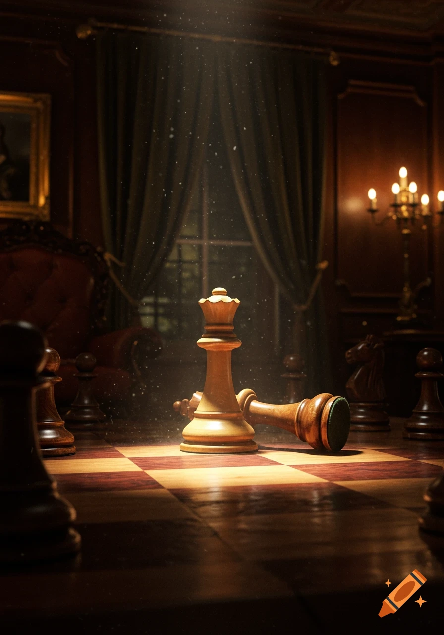 Photorealistic close-up of a chess board with a white queen standing and a brown king fallen, dramatically lit in an elegant, dim room.