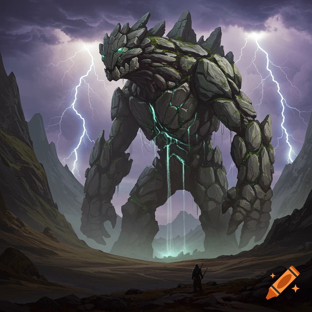 A giant rock monster with glowing cracks on its body stands in a stormy, mountainous landscape with lightning, facing a small human figure.