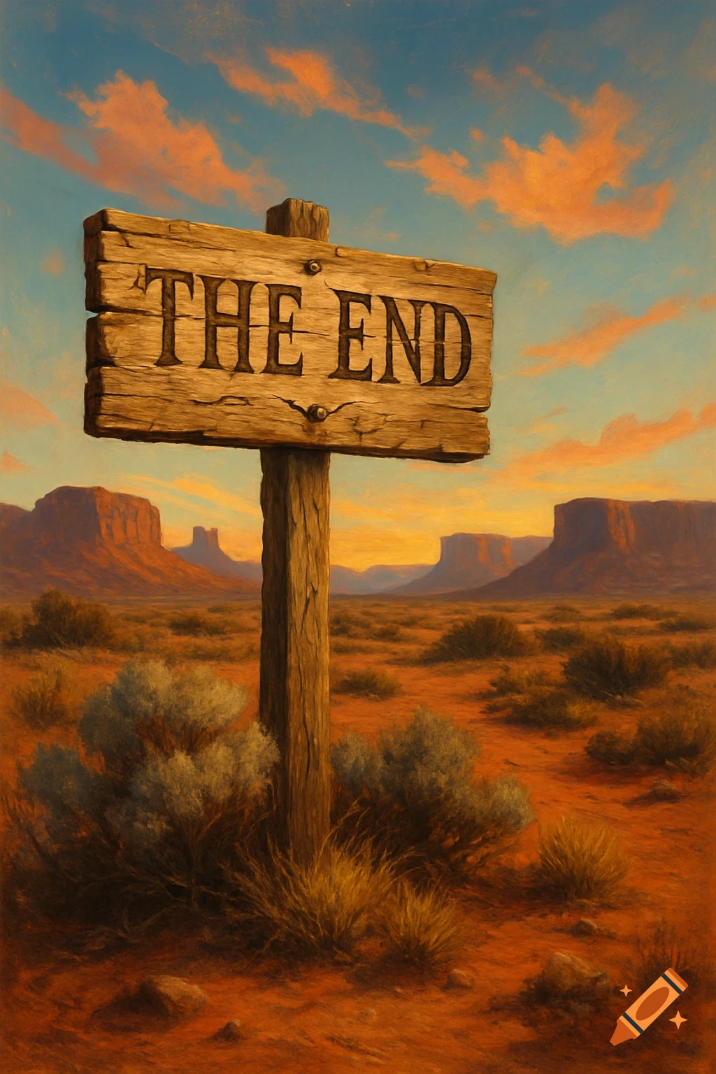 A wooden sign post with "THE END" carved into it stands in a vast, arid desert landscape under an orange and blue sky, in a painted style.