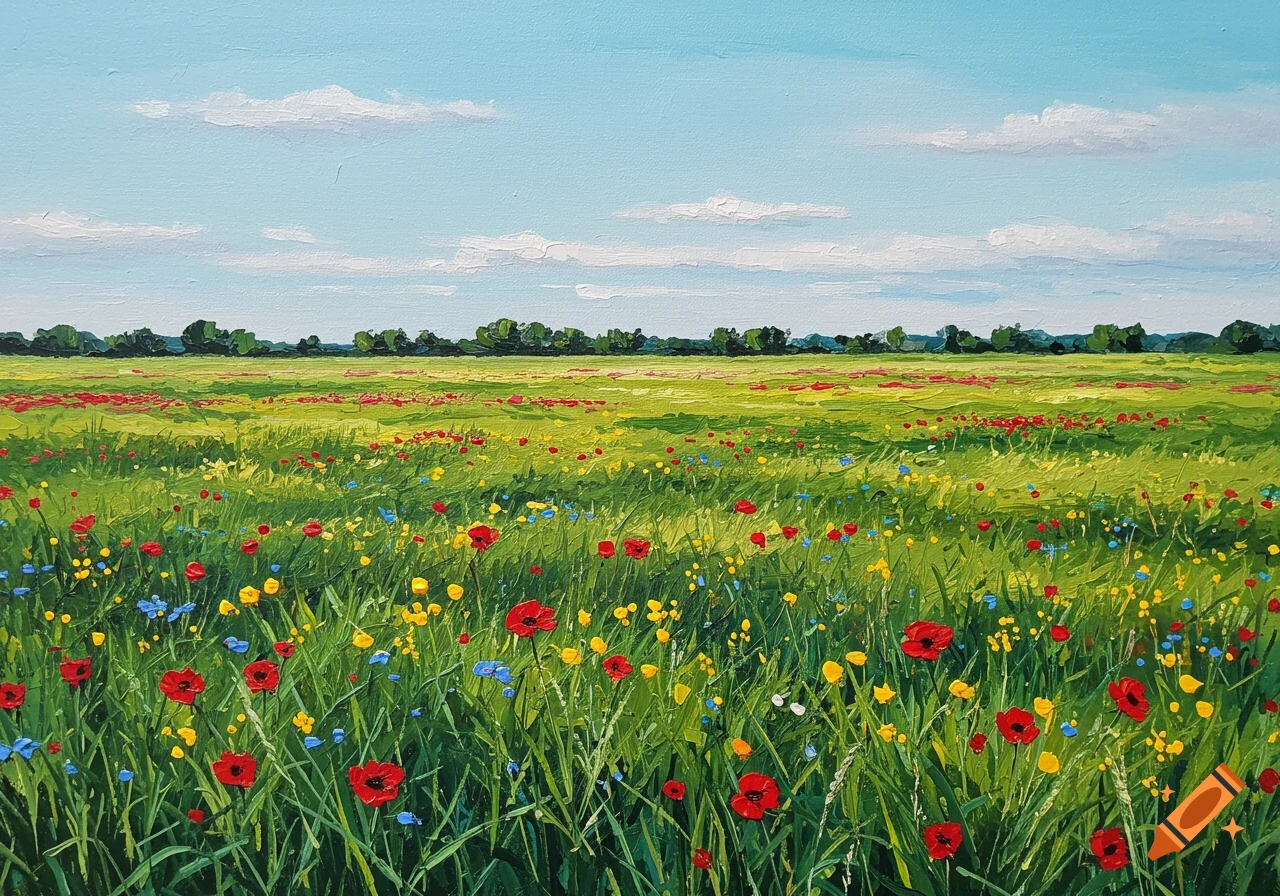 Oil painting of a vibrant field of red, yellow, and blue wildflowers under a bright blue sky with white clouds.