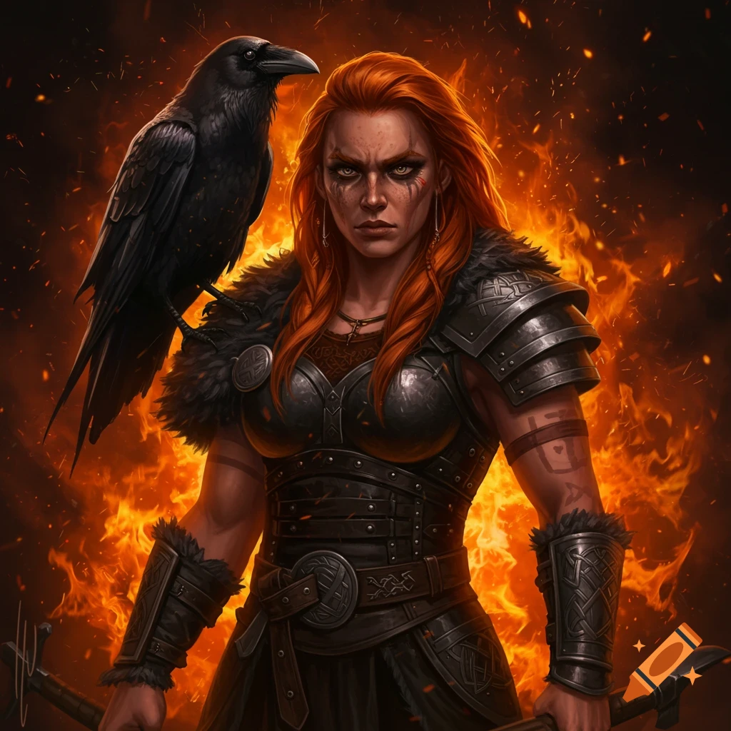 A fierce red-haired Viking warrior in armor with a raven on her shoulder, standing before a backdrop of intense flames.