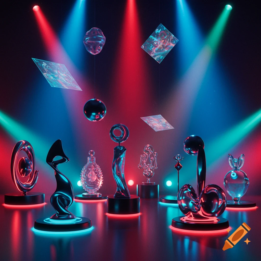 Abstract metallic and glass sculptures on neon-lit pedestals under red and blue spotlights, with floating geometric shapes.