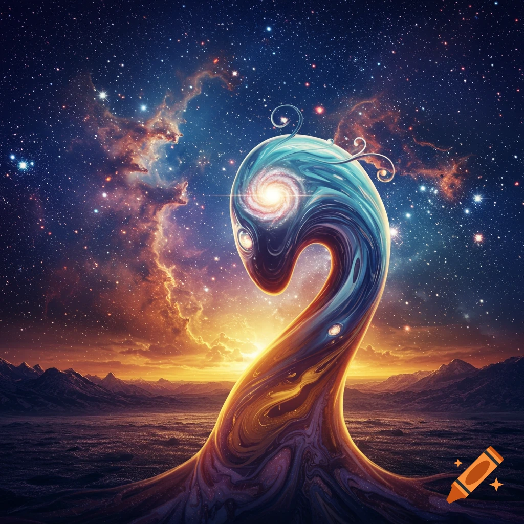 A vibrant, alien-like entity made of swirling blue and orange energy stands on a dark planet under a starry, colorful cosmic sky.