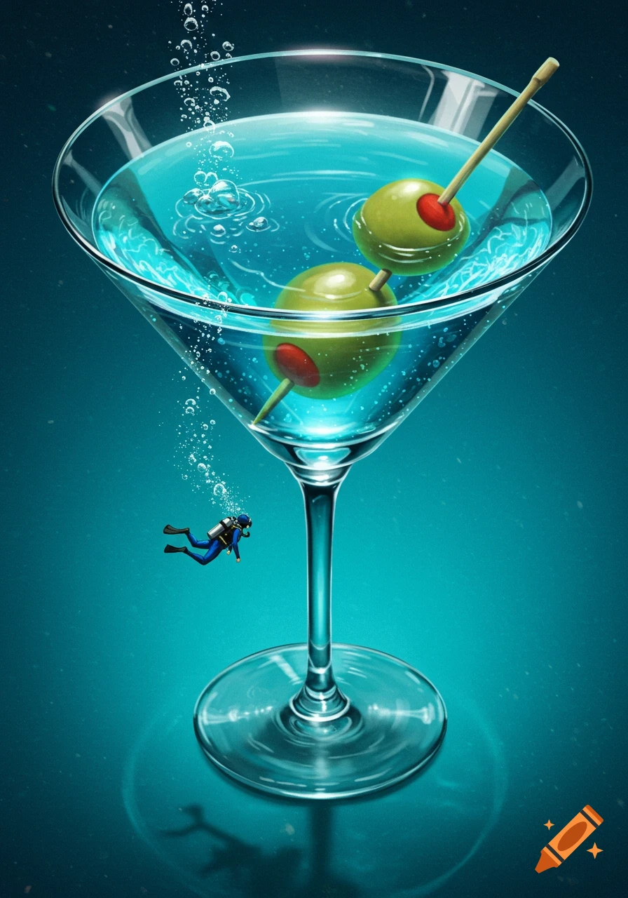 Illustrated martini glass with green olives and blue liquid, with a tiny scuba diver swimming nearby.