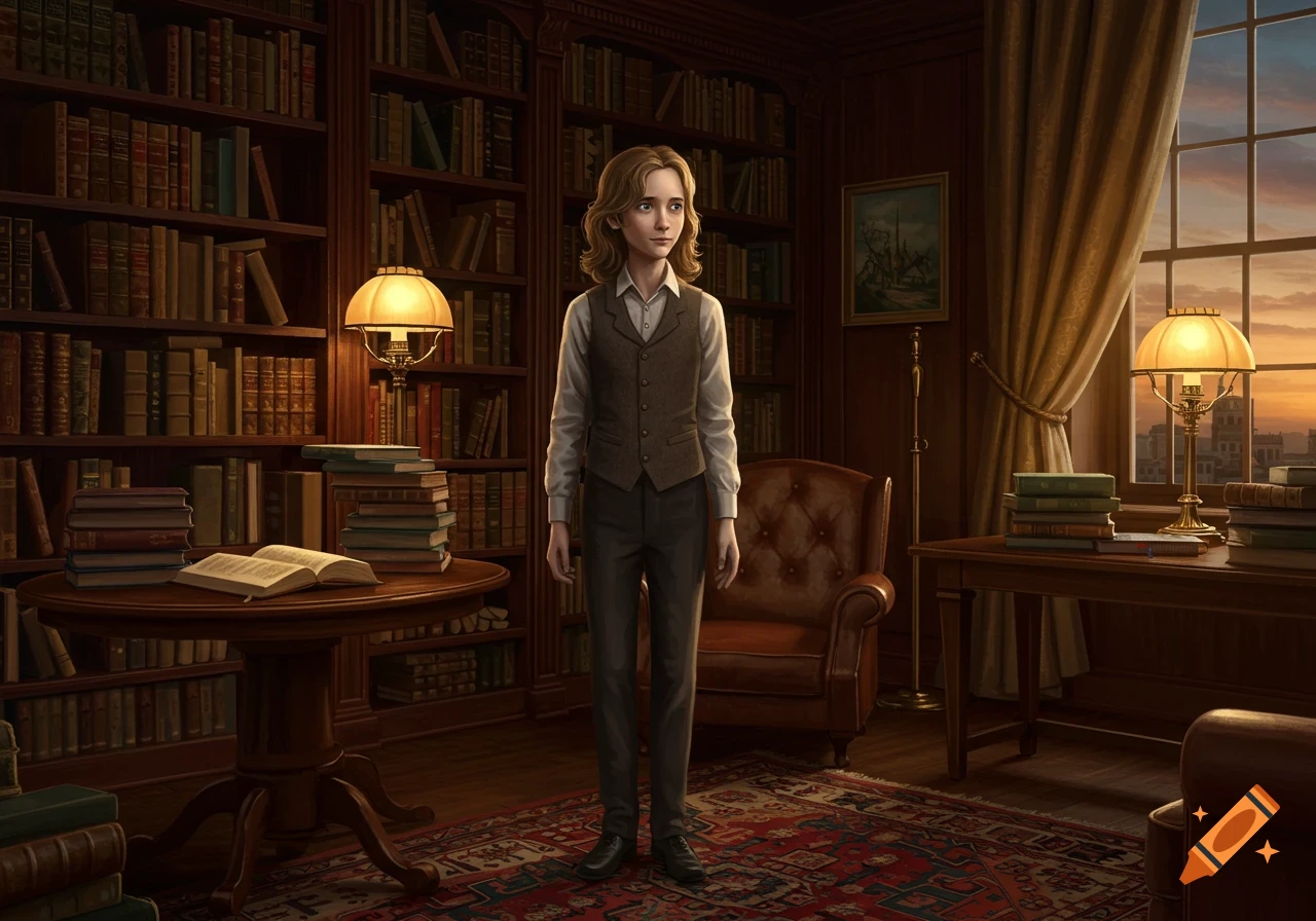 A boy with light brown hair stands in a grand, dimly lit library with tall bookshelves and an open book on a table.