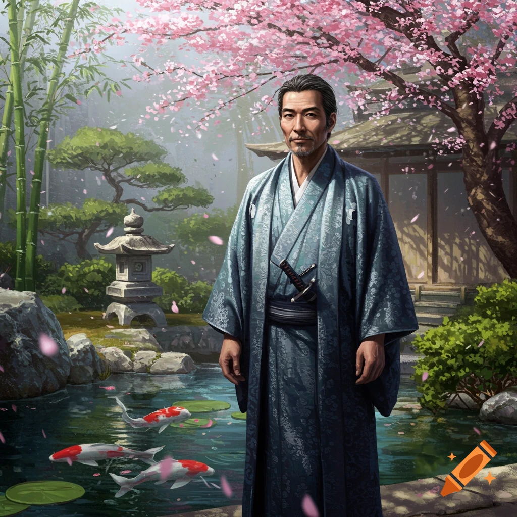 A man in a blue kimono stands in a Japanese garden with cherry blossoms, a pond with koi fish, and bamboo.