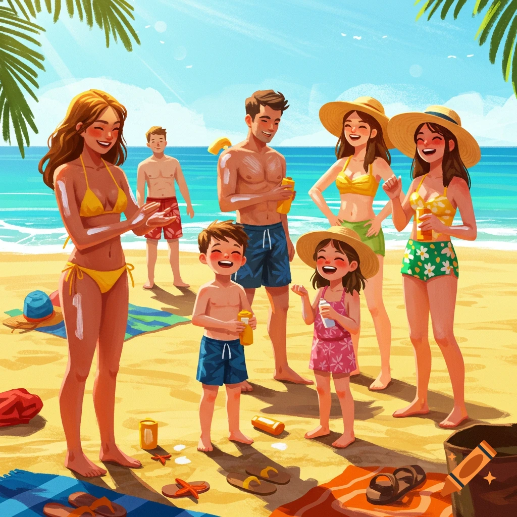 Cartoon illustration of a family on a sunny beach, applying sunscreen, with palm trees and ocean.
