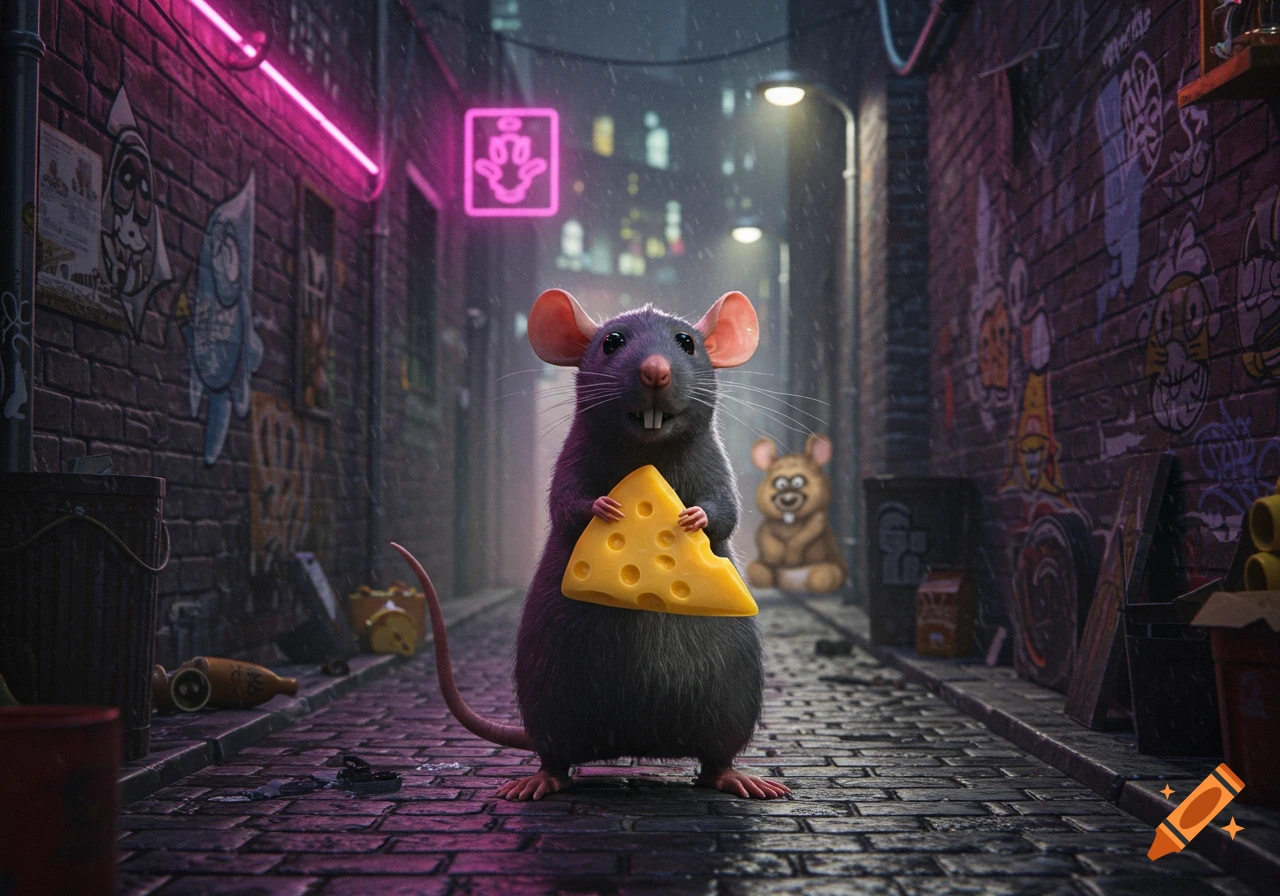 A cute, fluffy rat holds a slice of Swiss cheese in a rainy, neon-lit urban alley filled with graffiti.
