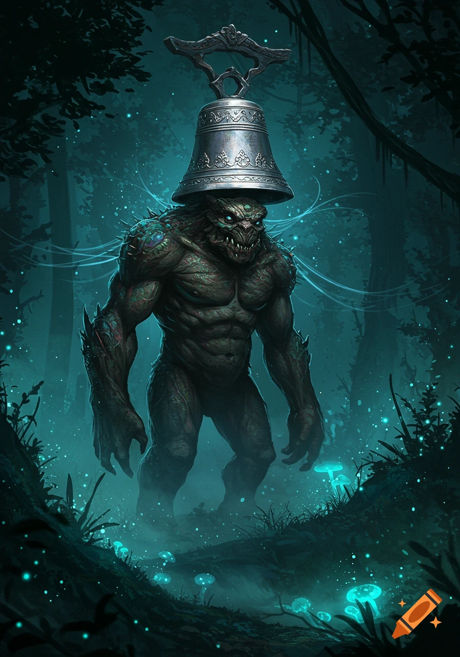 A muscular, scaly monster with glowing blue eyes and an ornate silver bell on its head stands in a dark, mystical forest with glowing blue mushrooms.