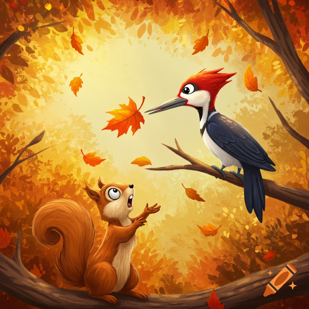 A cartoon woodpecker on a branch watches an autumn leaf fall towards an expressive squirrel in a vibrant forest.