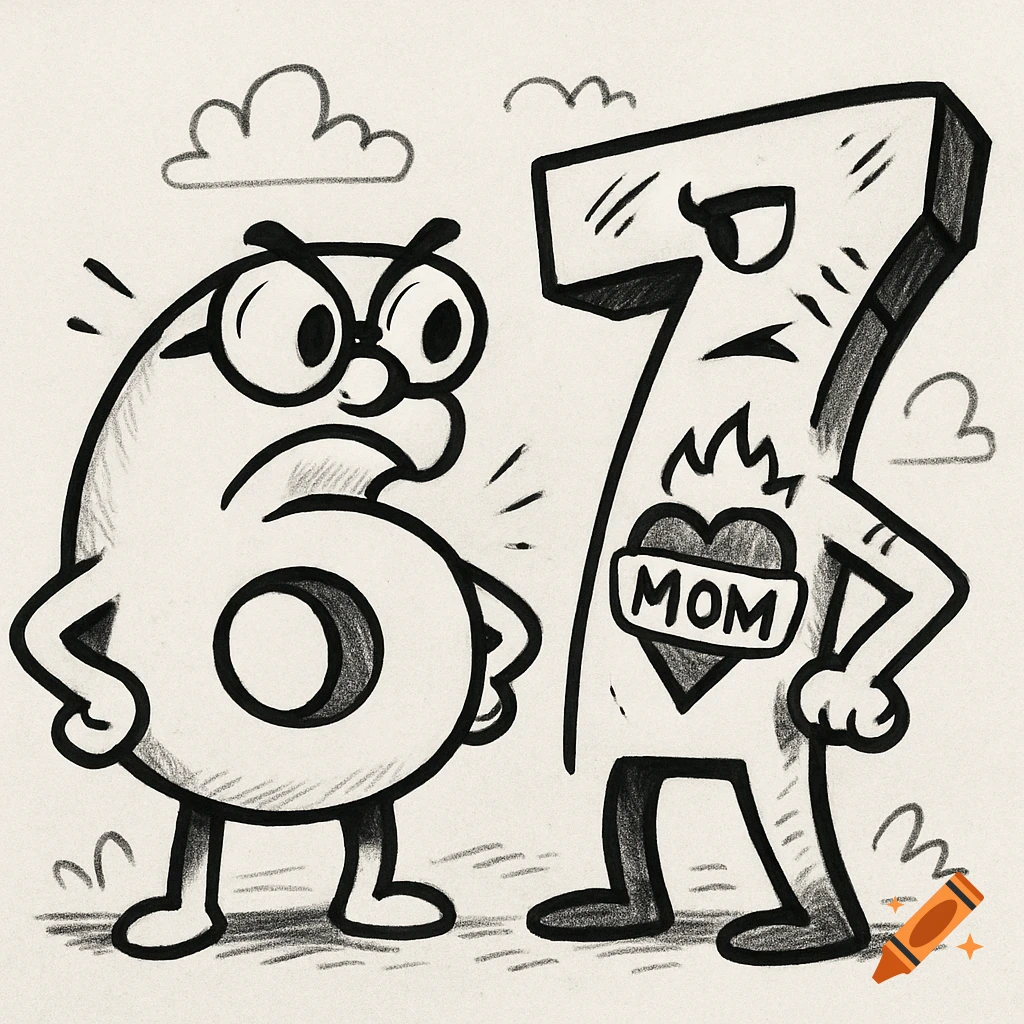 Black and white cartoon drawing of an angry number 6 with glasses confronting an angry number 7, who has a heart tattoo that says "MOM".