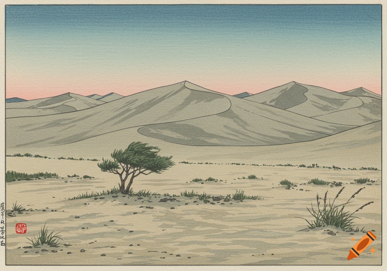 A Japanese woodblock print of a desert landscape with rolling dunes, a solitary windswept tree, and sparse vegetation under a two-tone sky.