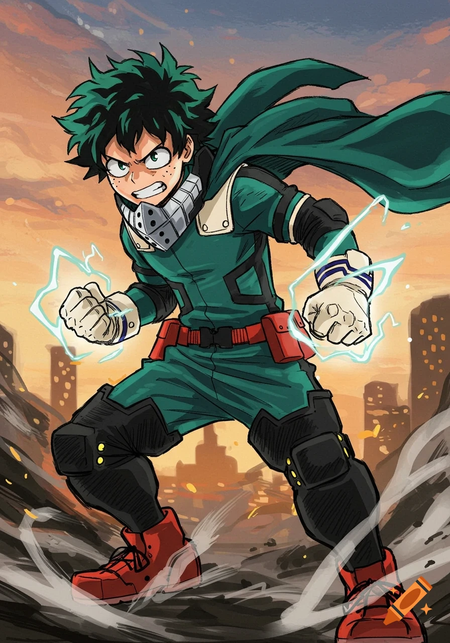 Dynamic anime illustration of Izuku Midoriya (Deku) from My Hero Academia in green hero suit, fists charged with electricity, city at sunset.
