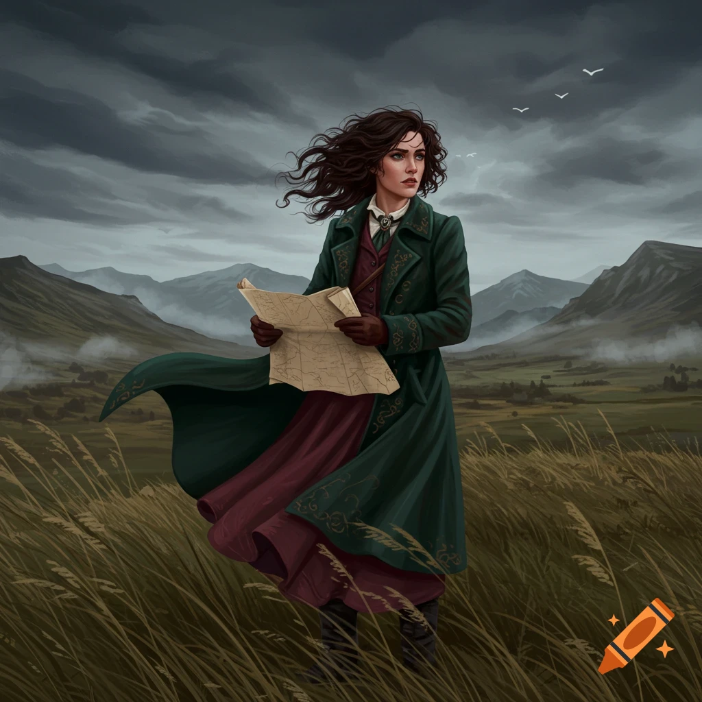 A woman in a green coat holds a map, standing in a windswept, grassy landscape under a cloudy sky.