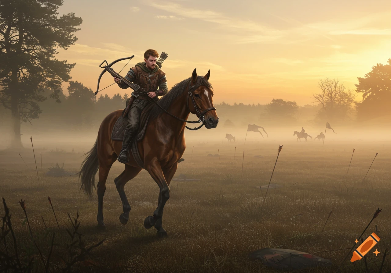 A medieval soldier with a crossbow rides a brown horse through a misty field littered with arrows at sunset.
