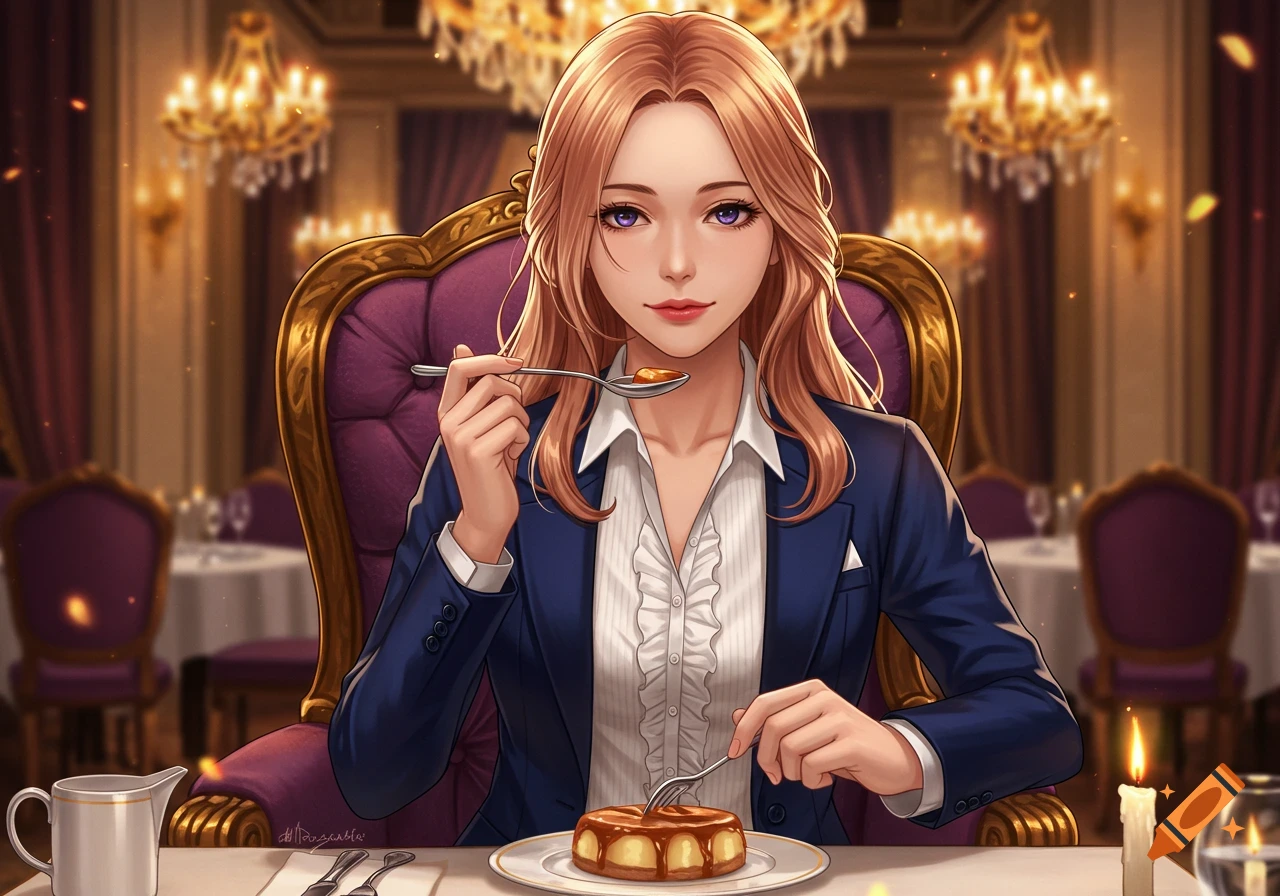 Anime woman with blonde hair eating a caramel dessert in a luxurious restaurant. She holds a spoon to her mouth and a fork in the dessert.