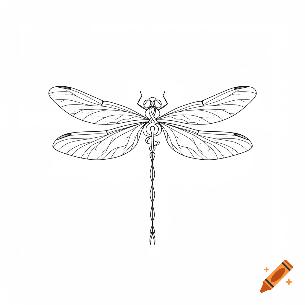 Fine line art drawing of a dragonfly, with its body stylized into the NEDA symbol, on a white background.