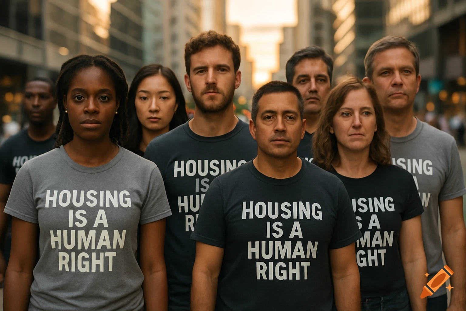 A diverse group of people in an urban setting wearing t-shirts that say 'HOUSING IS A HUMAN RIGHT'.