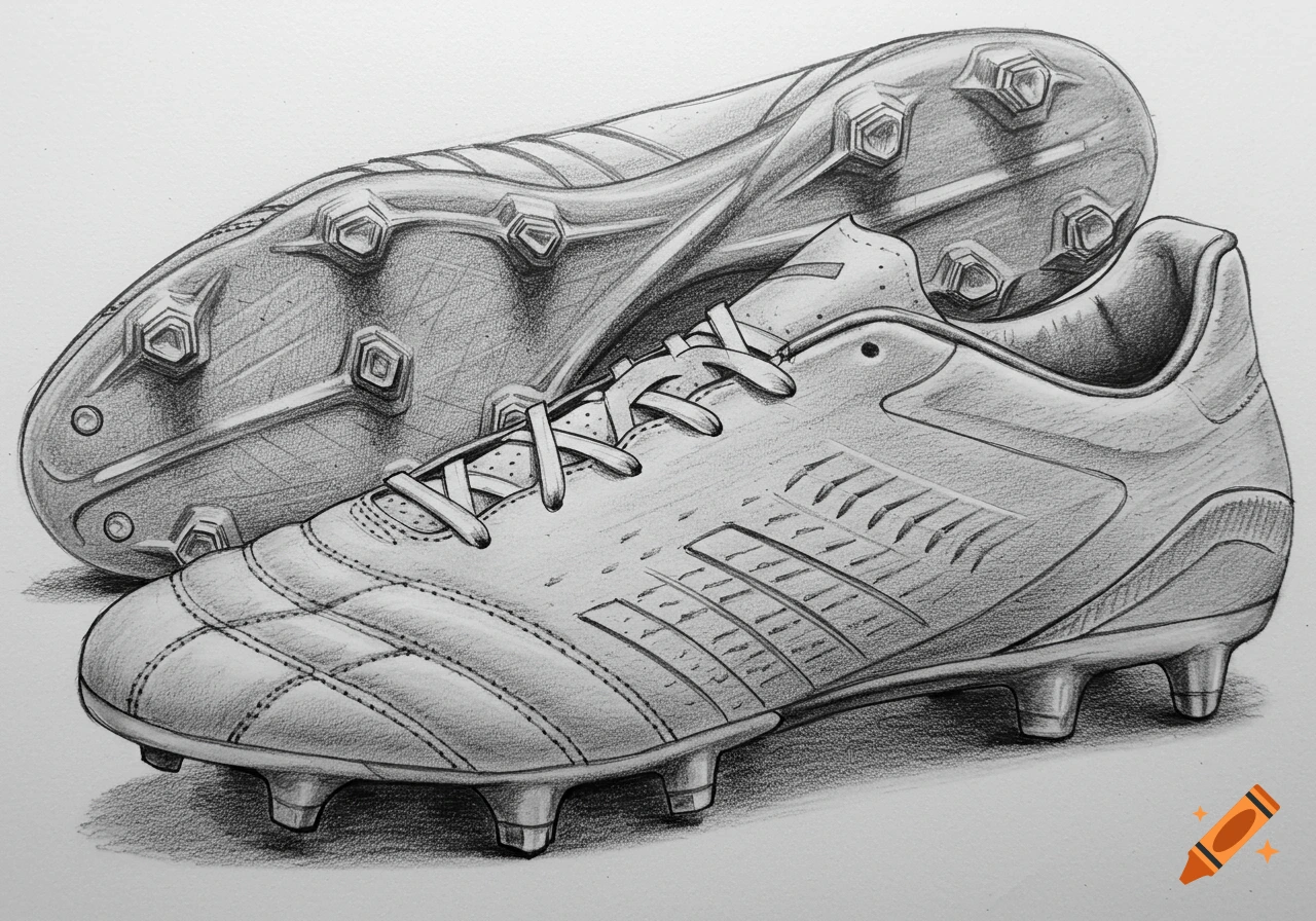 Detailed pencil drawing of two football shoes, one upright and one inverted, showcasing the studded soles.