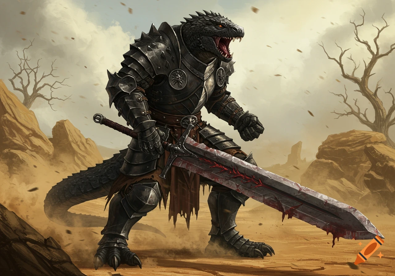 A black lizardfolk barbarian in dark armor, roaring and wielding a blood-stained greatsword in a dusty desert landscape.