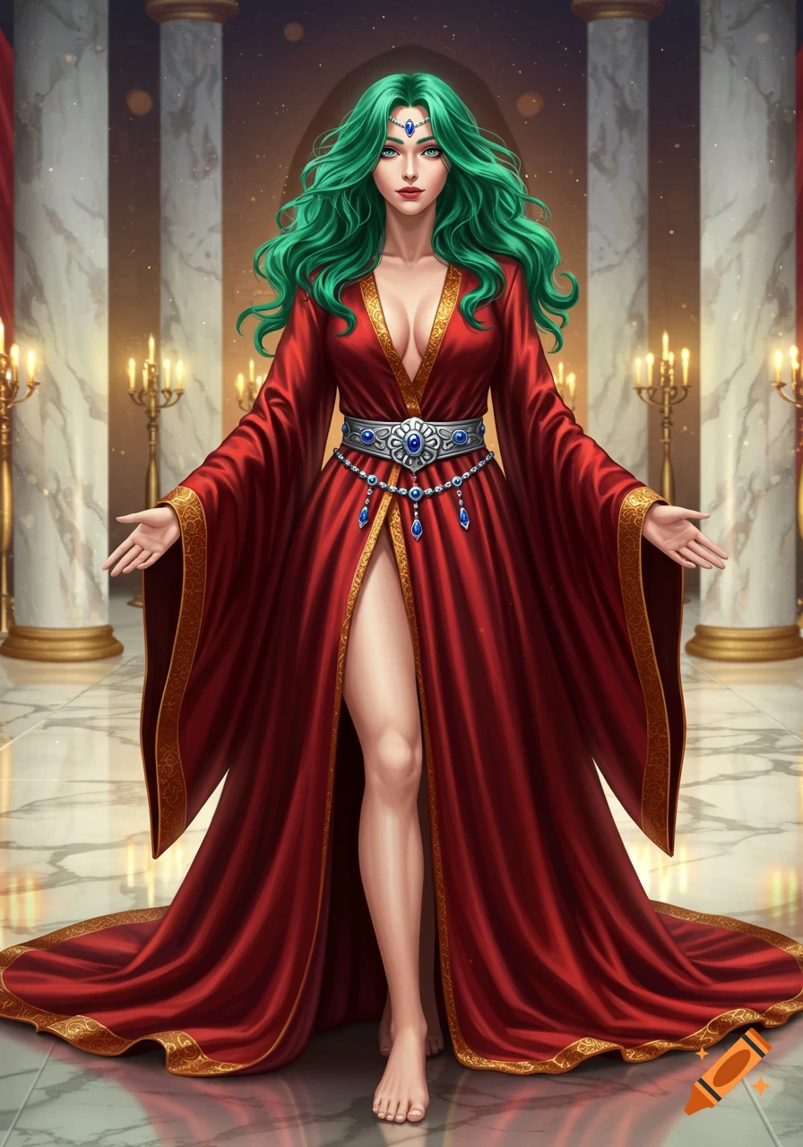 Woman with long green hair in a flowing red robe with gold trim and a jeweled silver belt, standing barefoot in a grand hall.
