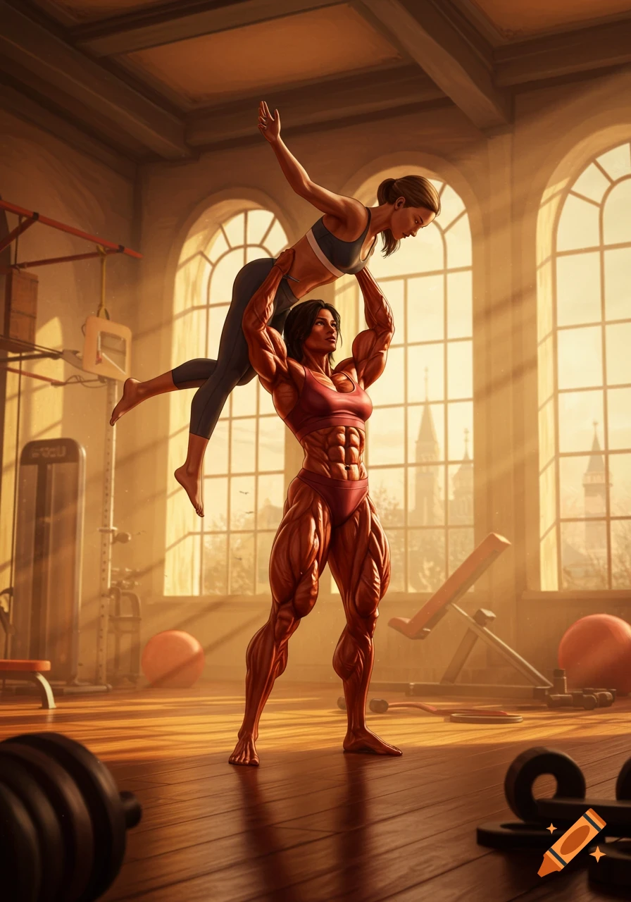 A very muscular woman lifts a leaner woman overhead in a sunlit gym, depicted in digital art style.