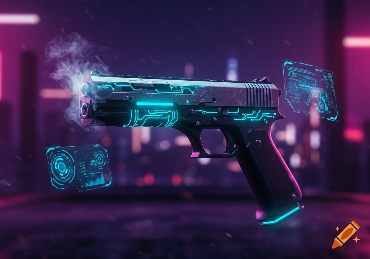 A futuristic blaster pistol with glowing blue circuits and smoke, surrounded by holographic displays, against a neon cyberpunk cityscape.