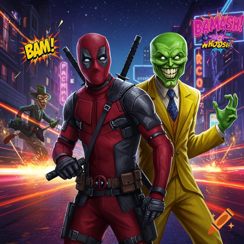 Deadpool and The Mask stand dynamically in a neon-lit city street with a villain character and comic book text effects, action style.