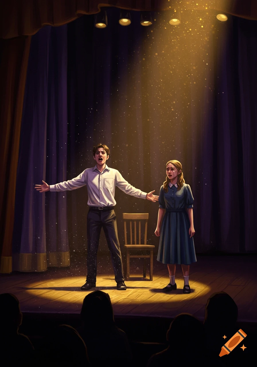 Two high school students act out a dramatic scene on stage under a spotlight in a theater, illustration style.