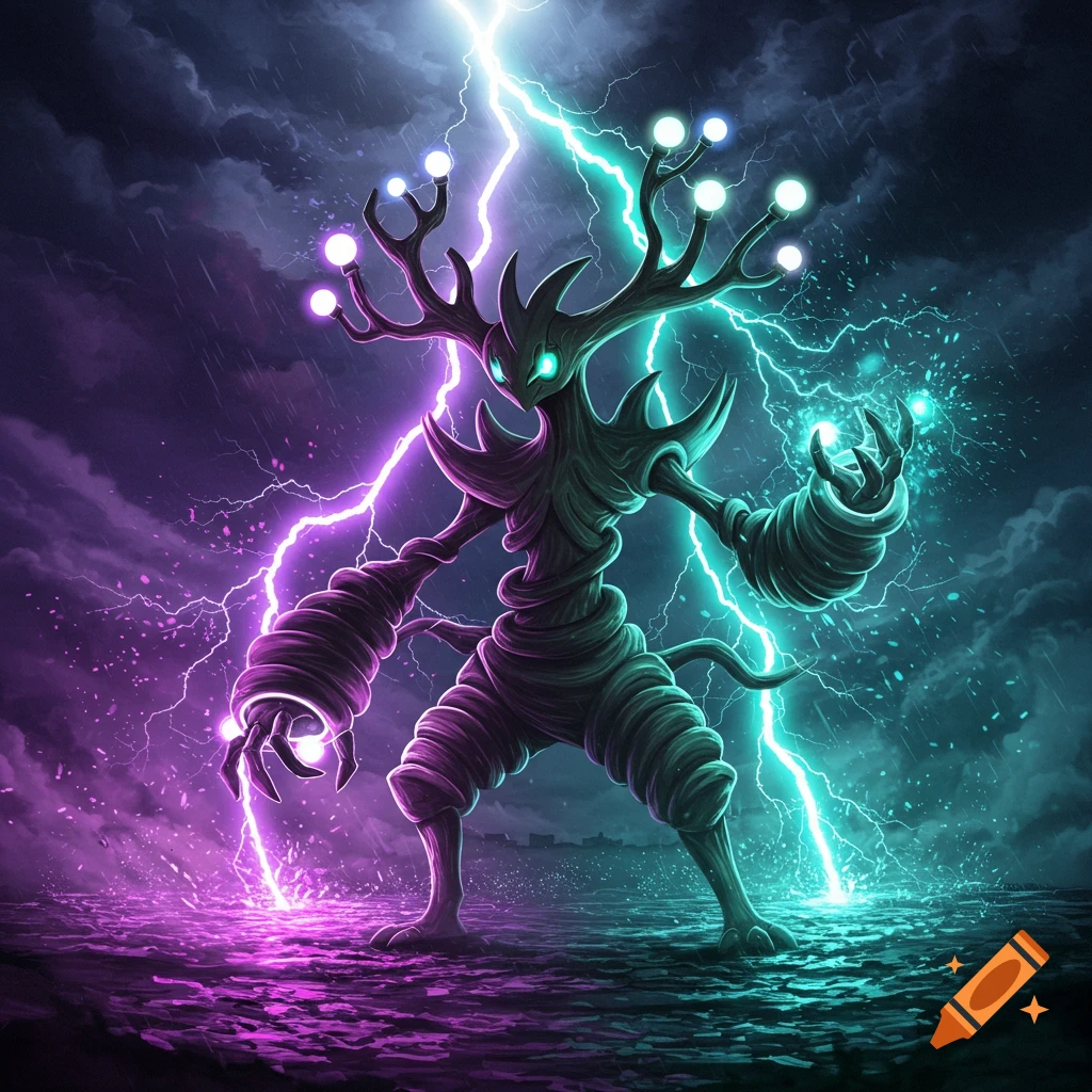 A creature resembling Xurkitree, wreathed in vibrant purple and teal lightning under a stormy sky.