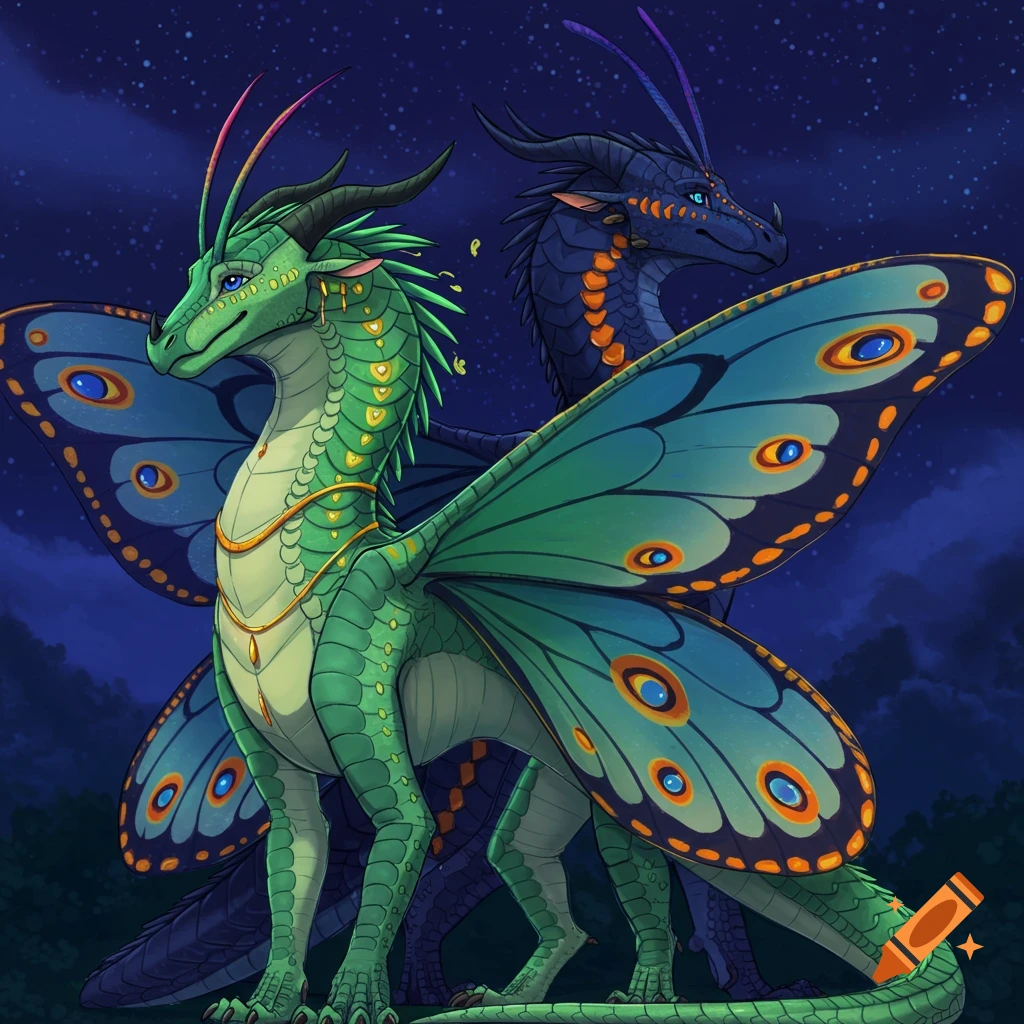 Two detailed fantasy dragons, one green with luna moth wings and one blue with swallowtail wings, against a starry night sky.