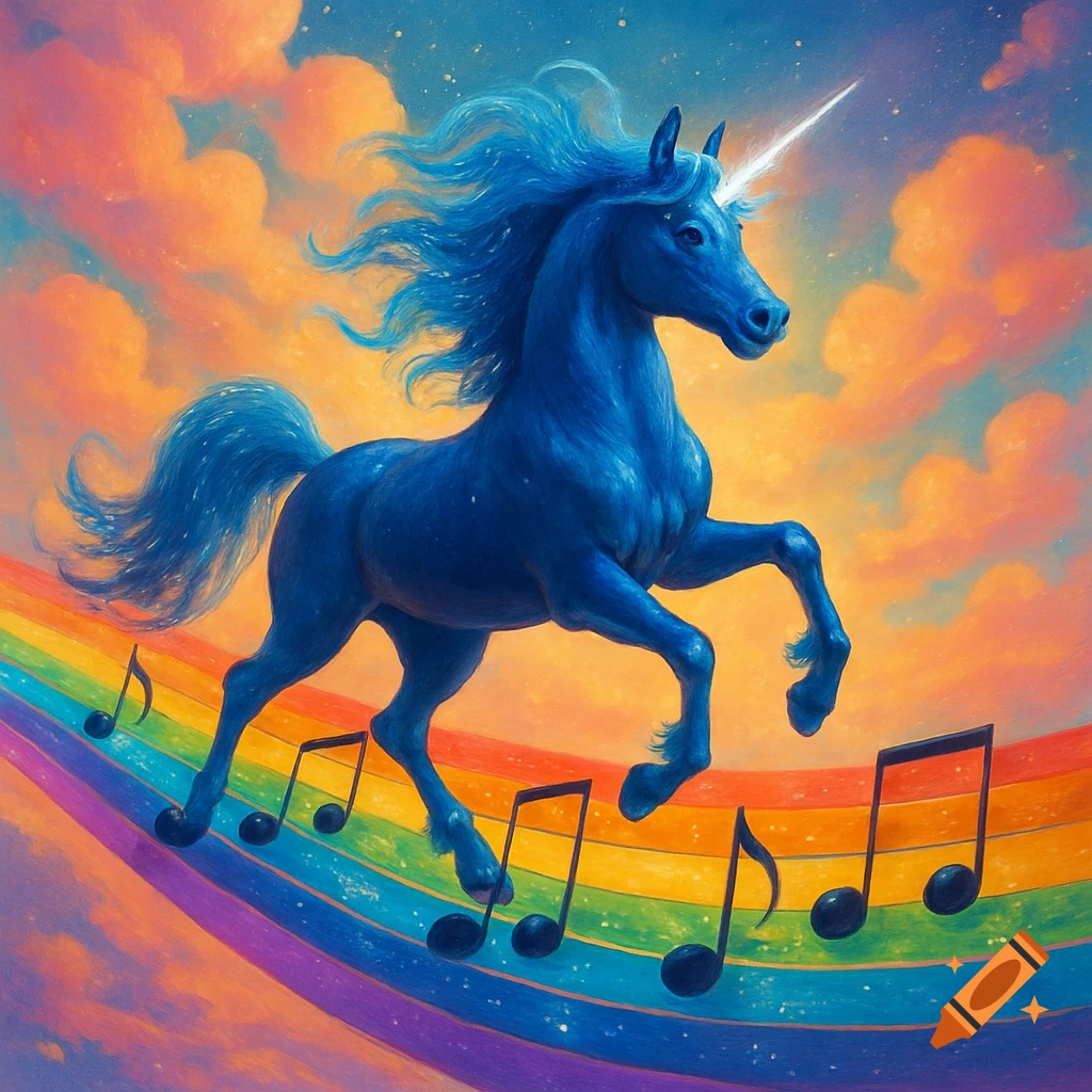 A majestic blue unicorn prances on a colorful rainbow with musical notes, set against a vibrant, cloudy sky.