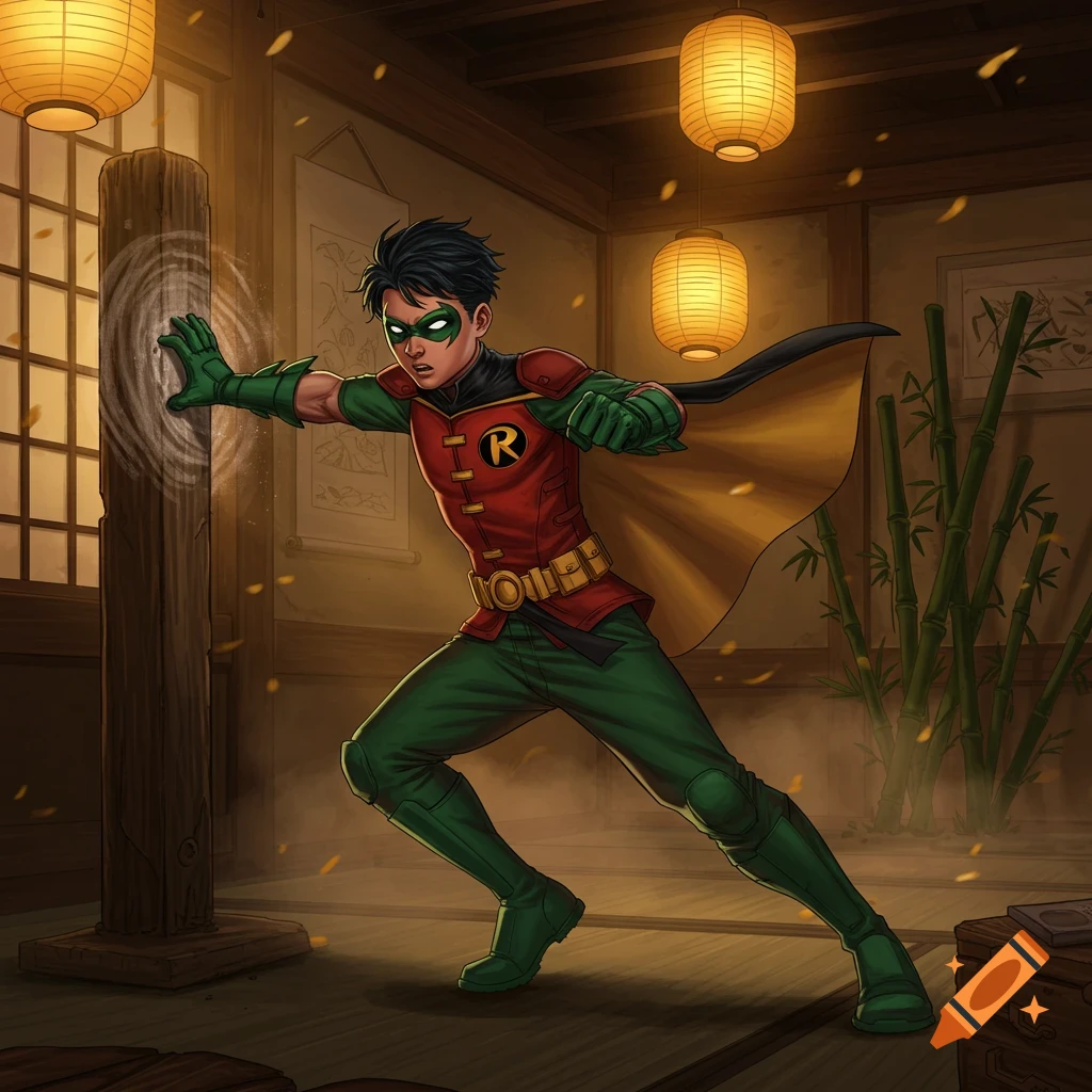 Young Robin practices karate in a Japanese training room, hand glowing against a wooden post, in a vibrant comic book style.