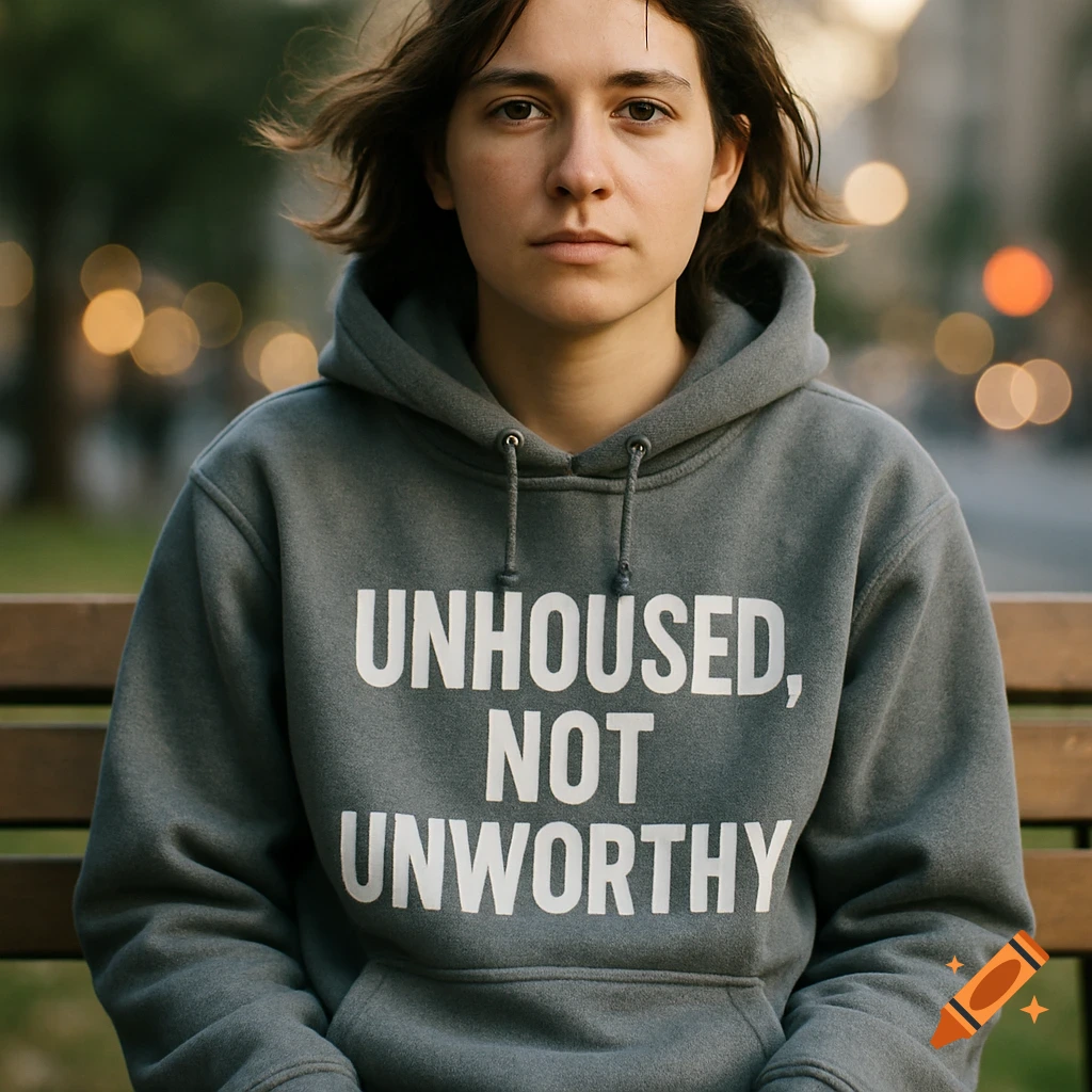 Photorealistic portrait of a young adult with a serious expression, wearing a grey hoodie that says 'Unhoused, Not Unworthy', sitting on a park bench.