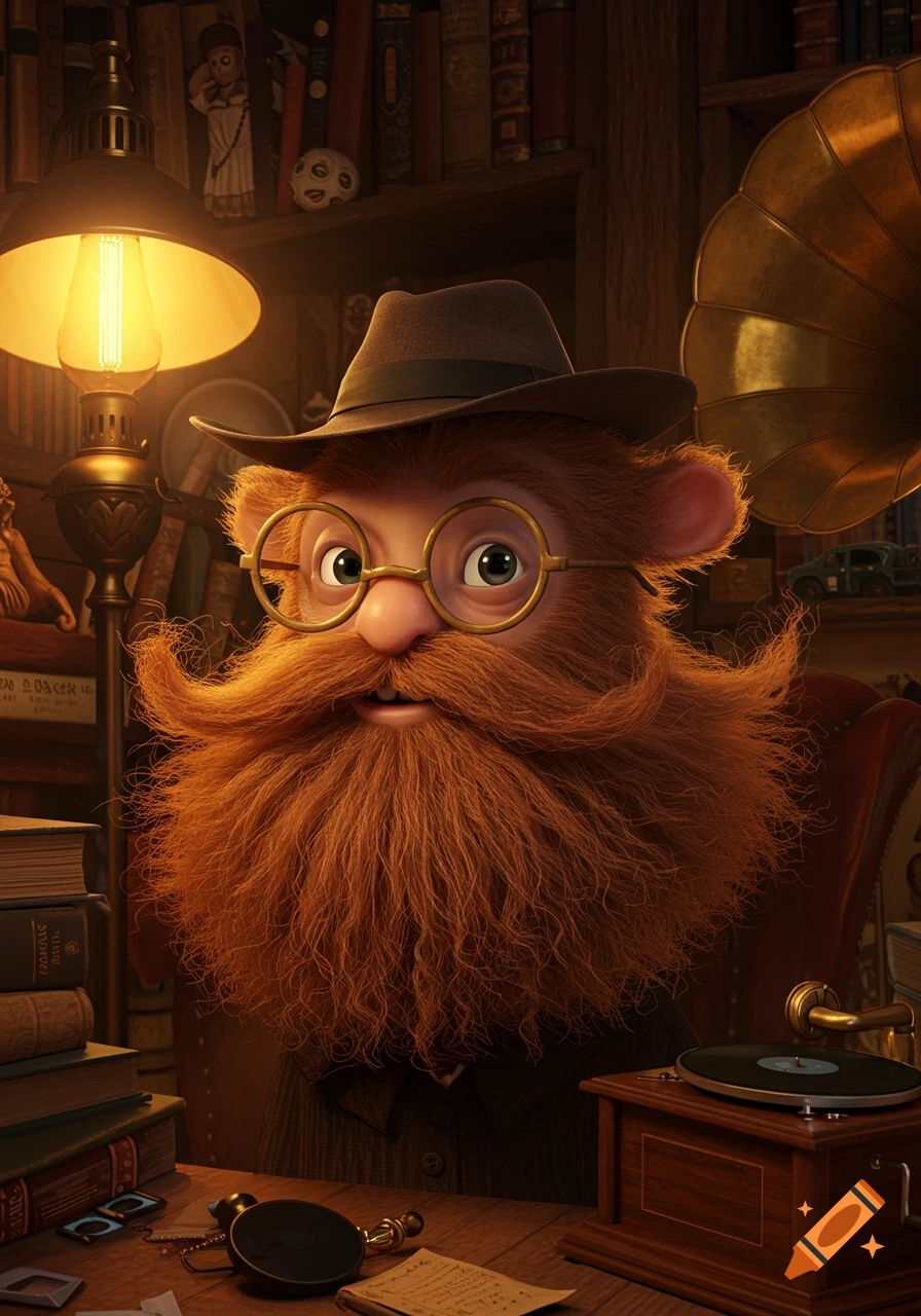 A cartoonish man with a huge ginger beard, round glasses, and a fedora sits in a vintage study with books and a gramophone.
