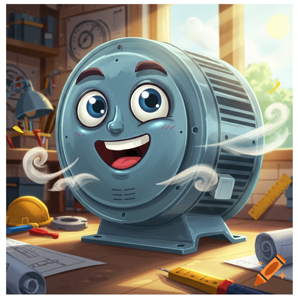 A happy, cartoon HVAC blower motor with a face, blowing air, on a workbench in a sunny workshop.