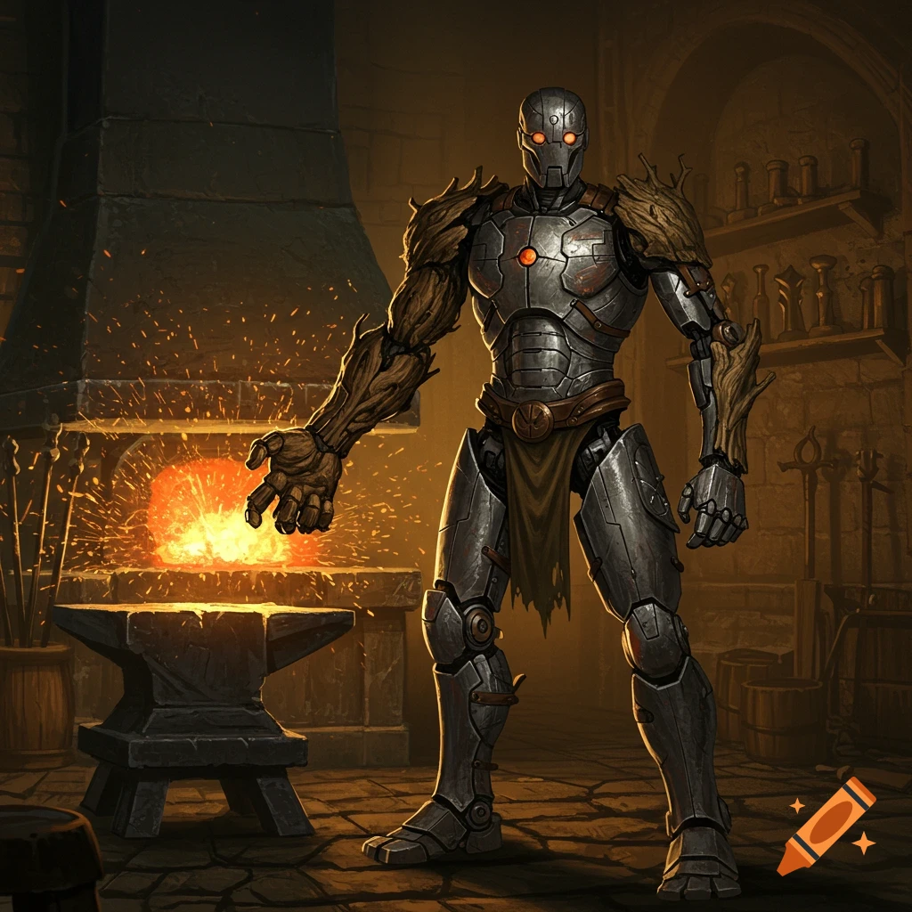 A Warforged robot with metallic armor and a wooden right arm stands in a dim forge next to an anvil with glowing embers.