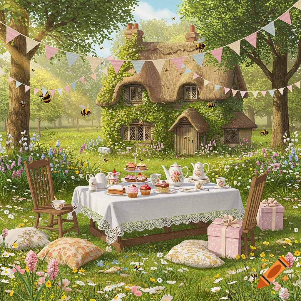 A whimsical illustration of a tea party in a lush, flower-filled garden with an ivy-covered cottage and flying bees, cottagecore style.